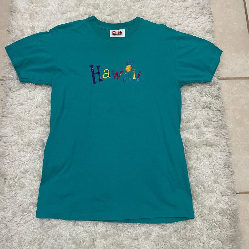VINTAGE DOLE Hawaii Embroidered Single Stitch Men Small Teal Short Sleeve Tshirt